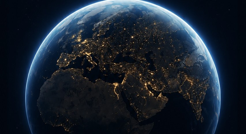 Earth at night with city lights tracing continents — Globe Weaver hero